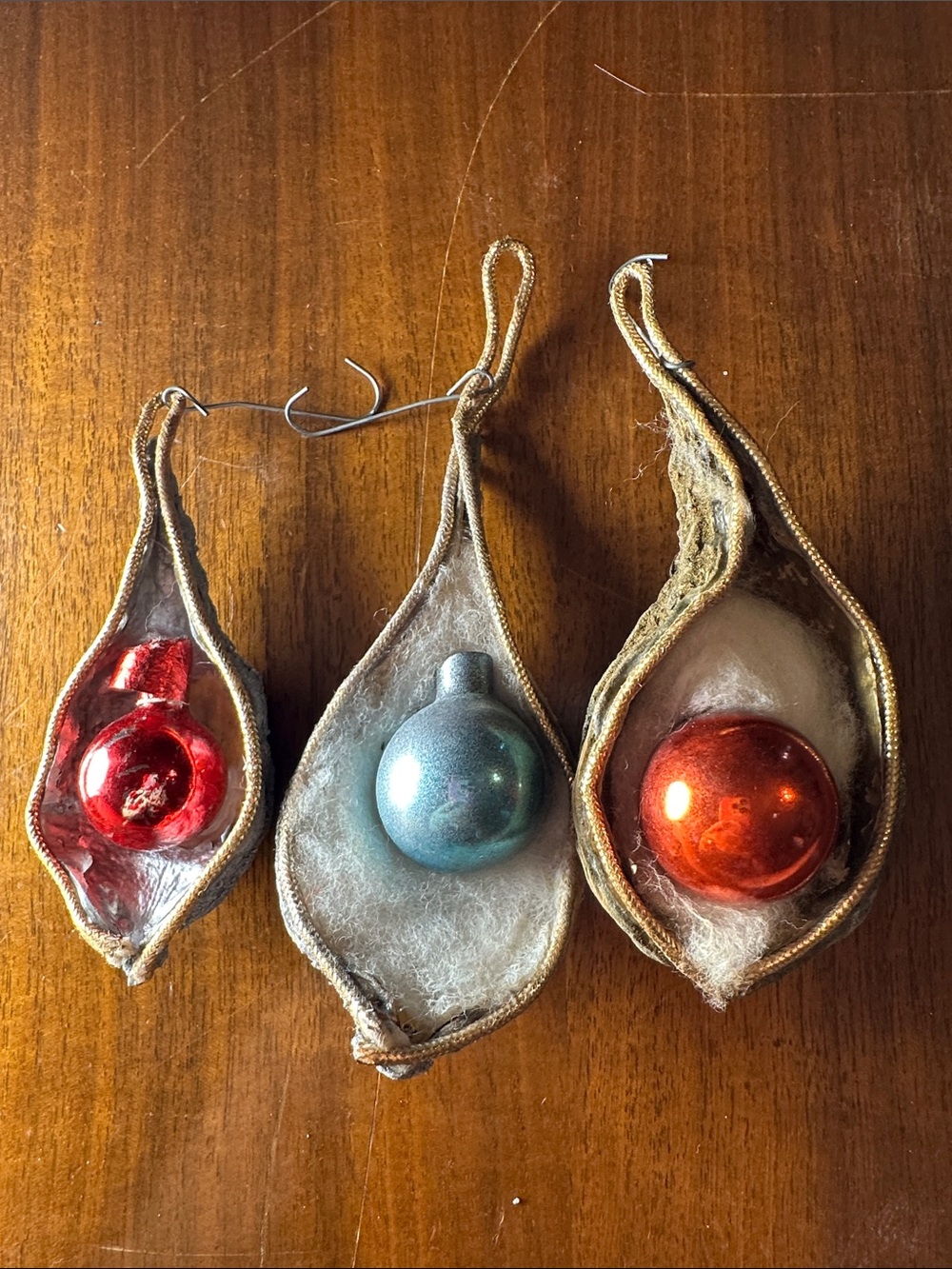 3 Vintage Kitschy Homemade Glass Ornaments‎ in Milkweed Pods